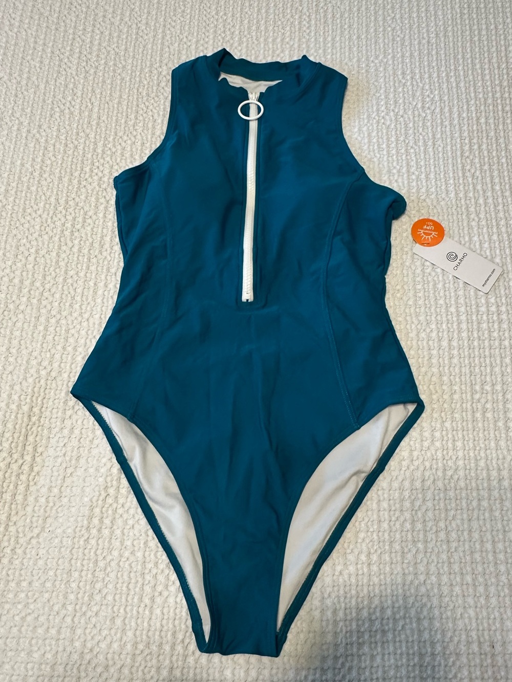 Charmo Teal Zip-Front Women’s One-Piece Swimsuit UPF 50 NWT, Removable pads